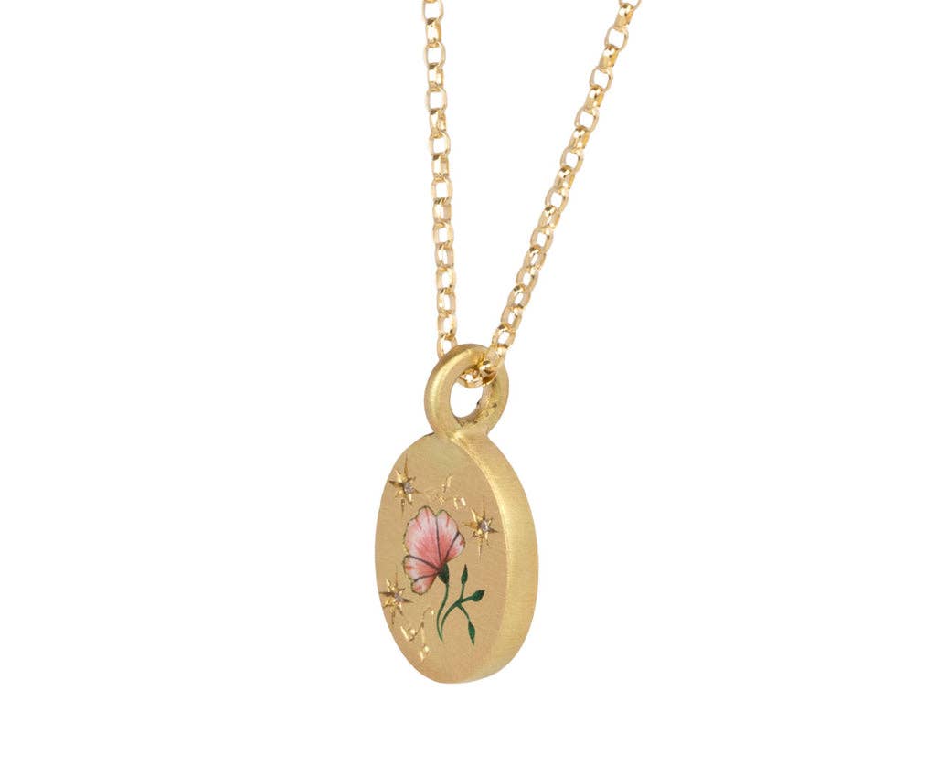 Poppy Painted Enamel Talisman Necklace - Engraved - Steel 14K