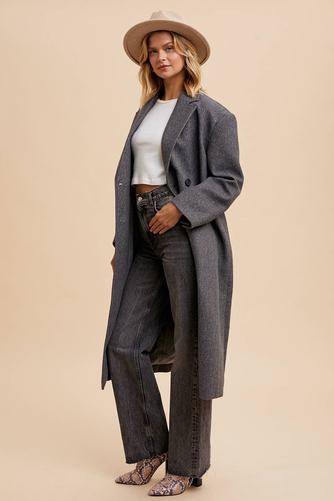 Double Breasted  Lapel Duster Felt Pea Coat