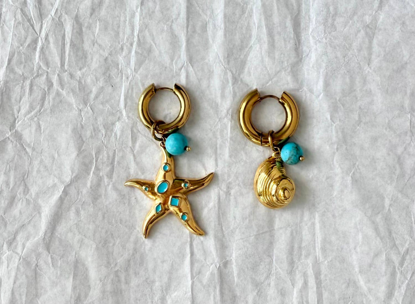 Gold Dangle Starfish Shell Earrings with Turquoise Bead