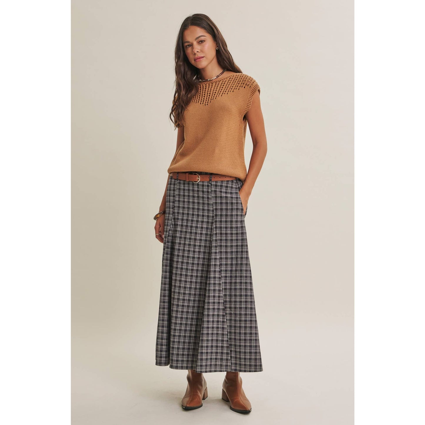 Heritage Plaid Flare Maxi Skirt with Belt
