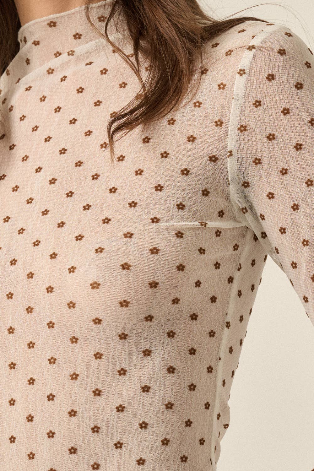 Sheer Mesh Top with Floral Polkadots, Mock-Neck, & Long-Sleeve Thumbhole Top