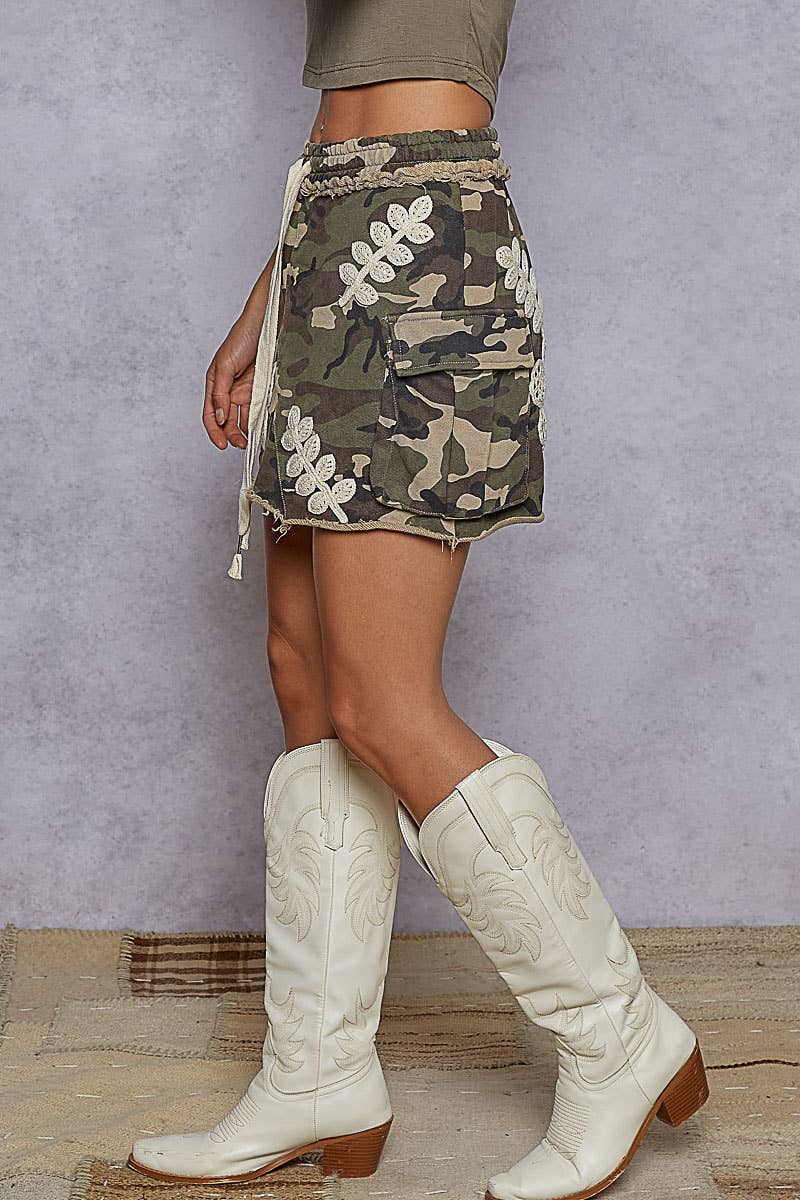 Camo Mini Skirt with Cargo Pockets and Boho Crochet Detail
