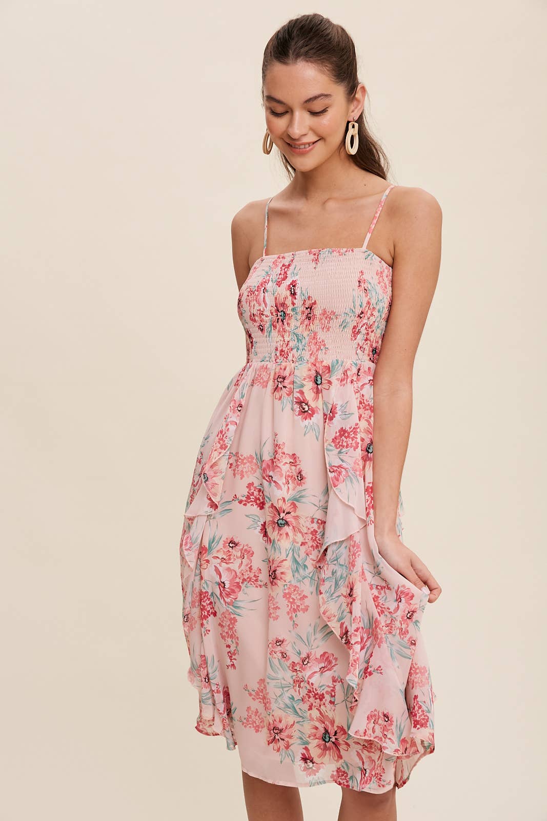 Pretty Pink Floral Chiffon Midi Dress