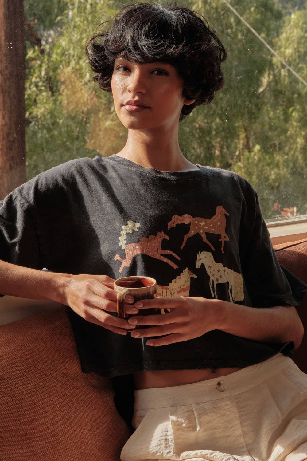 Painted Horses Vintage-Wash Cropped Graphic Tee