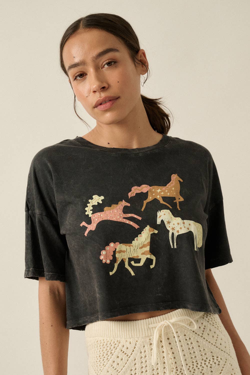 Painted Horses Vintage-Wash Cropped Graphic Tee