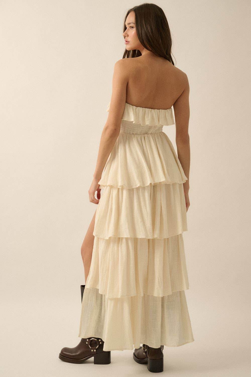 Textured Cotton Strapless Tiered Ruffle Maxi Dress - SAUVAGE ZSA™