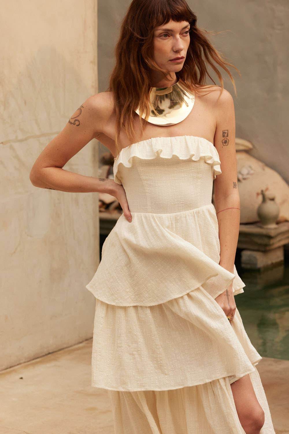 Textured Cotton Strapless Tiered Ruffle Maxi Dress - SAUVAGE ZSA™