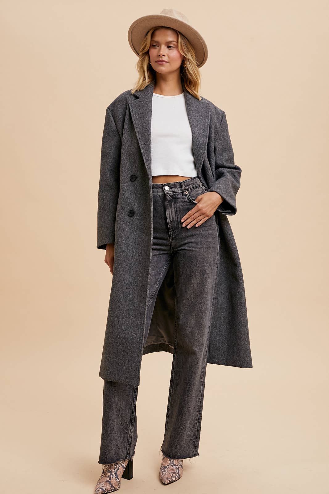 Double Breasted  Lapel Duster Felt Pea Coat