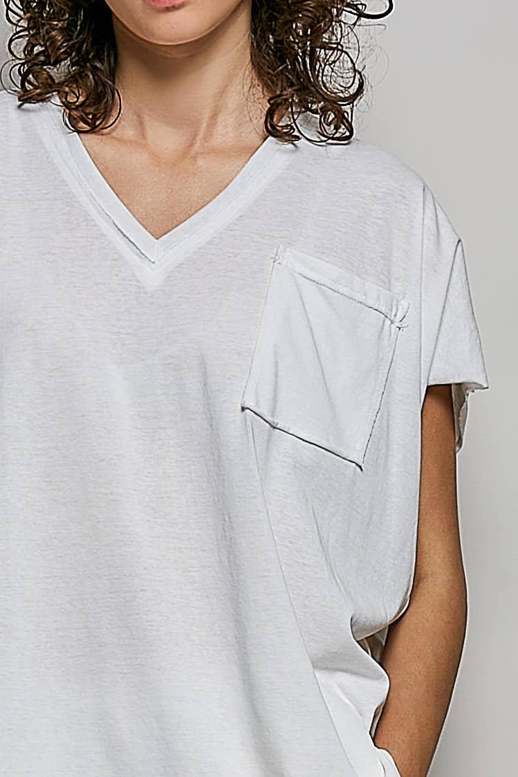Boho Hand Dip Dye V-Neck T-shirt with Short Sleeves and Front Pocket