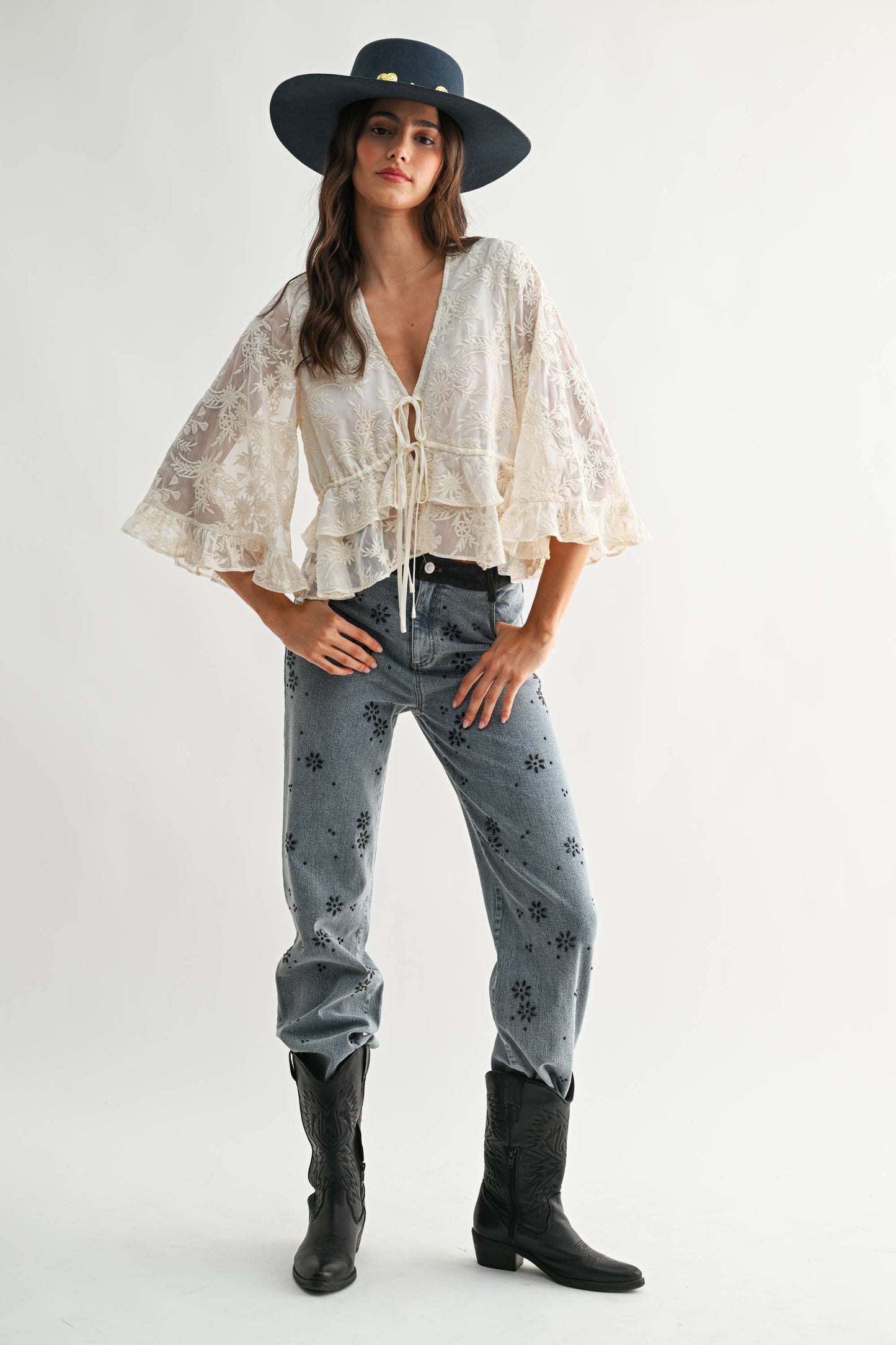 Boho Embroidered Sheer Blouse Flowy Bell Sleeves