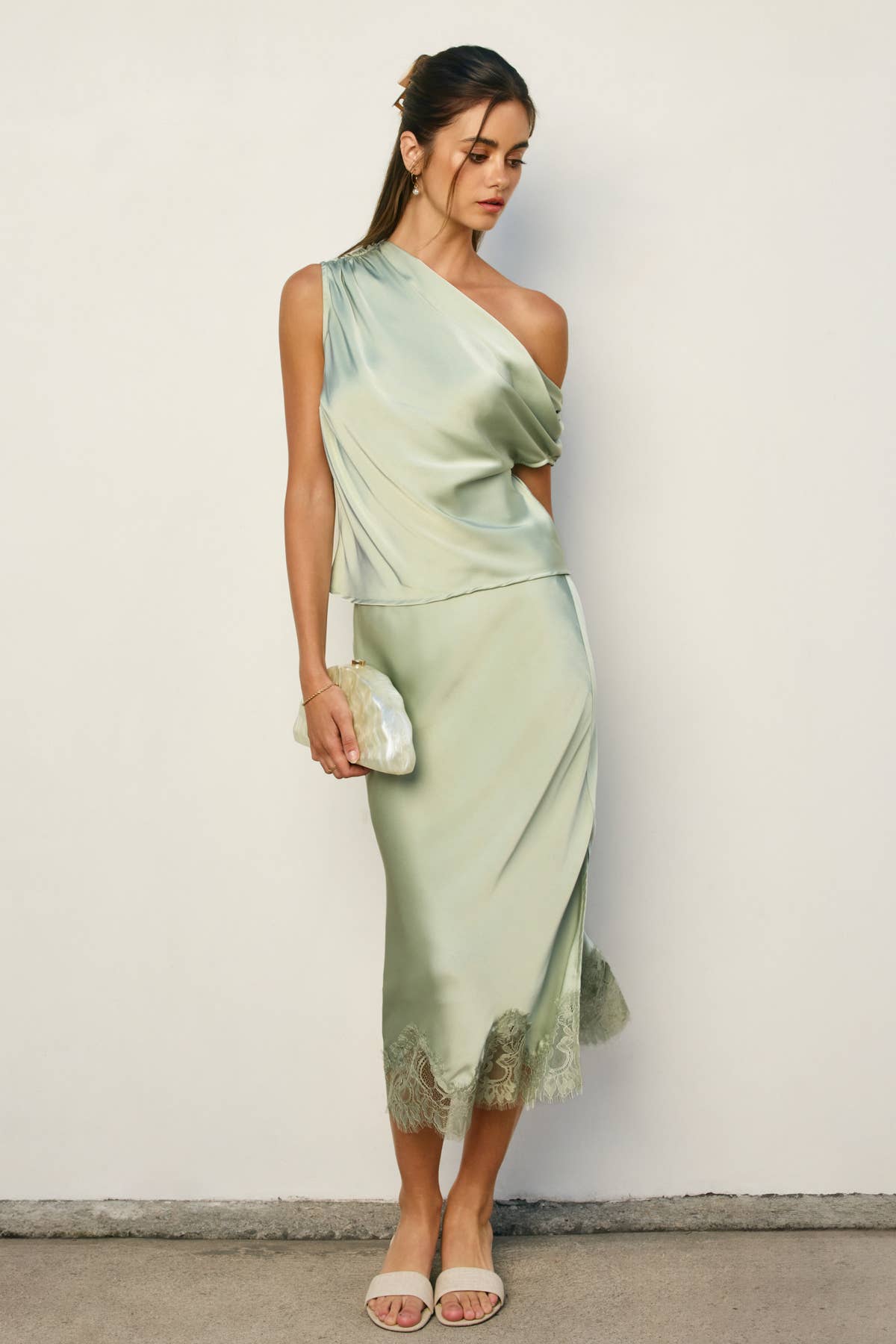 Powder Blue Lined Satin Pencil Skirt with Lace Hem