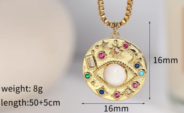 Celestial Gypsy Coin Necklace with Third Eye Amulet Charm and Stones - Stacking hypoallergenic steel necklace