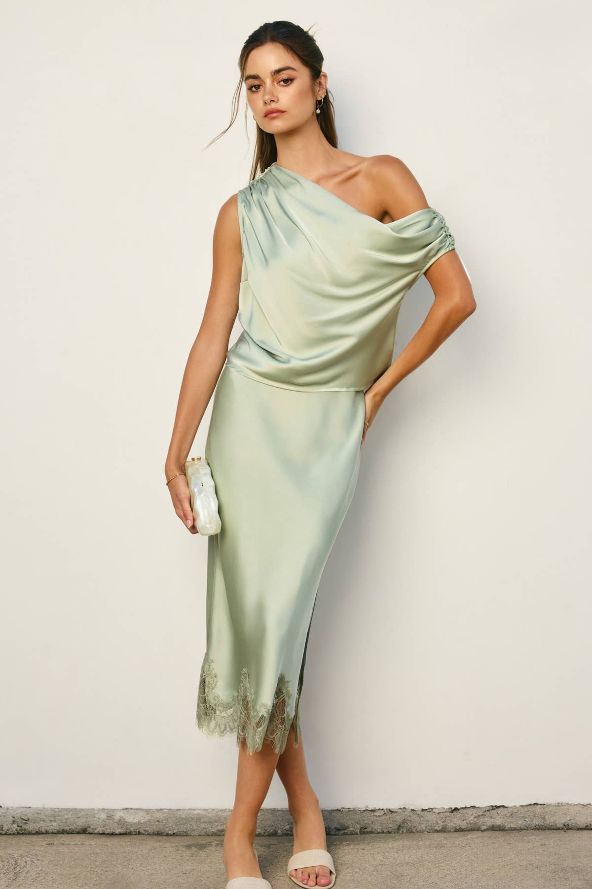 Powder Blue Lined Satin Pencil Skirt with Lace Hem