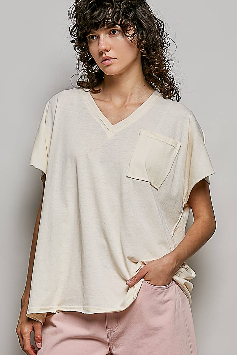Boho Hand Dip Dye V-Neck T-shirt with Short Sleeves and Front Pocket