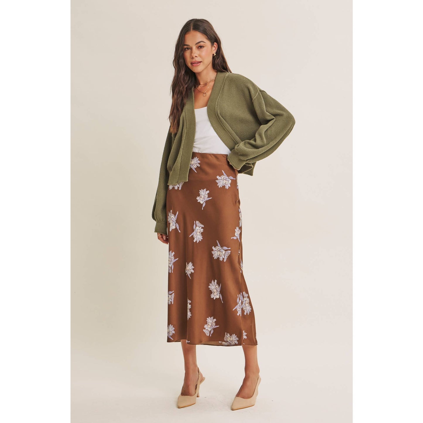 Date Night Satin Floral Midi Skirt