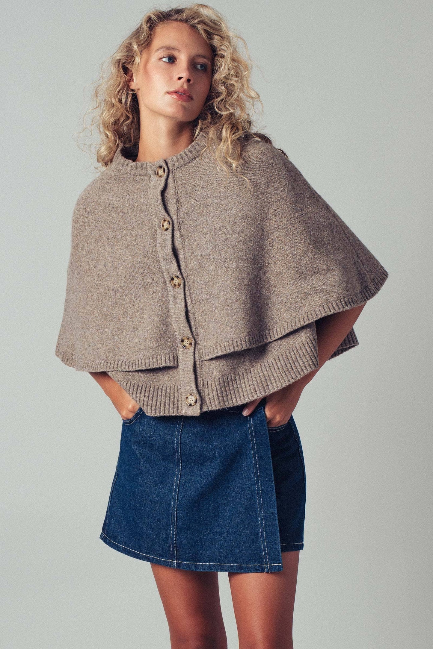 Wool Blend Button-Front Sweater Cape