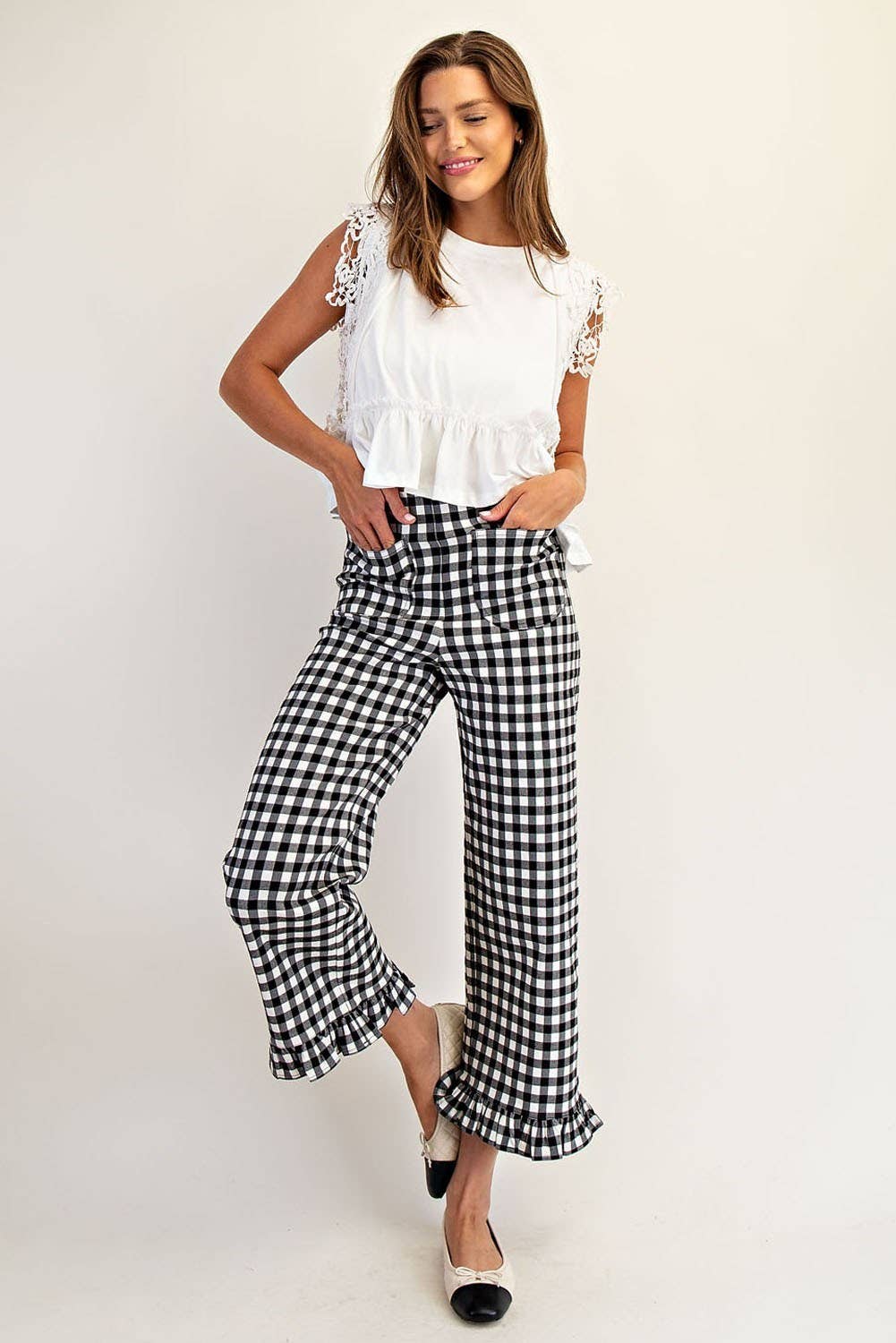 Ruffle Trim Straight Leg Gingham Print Pants