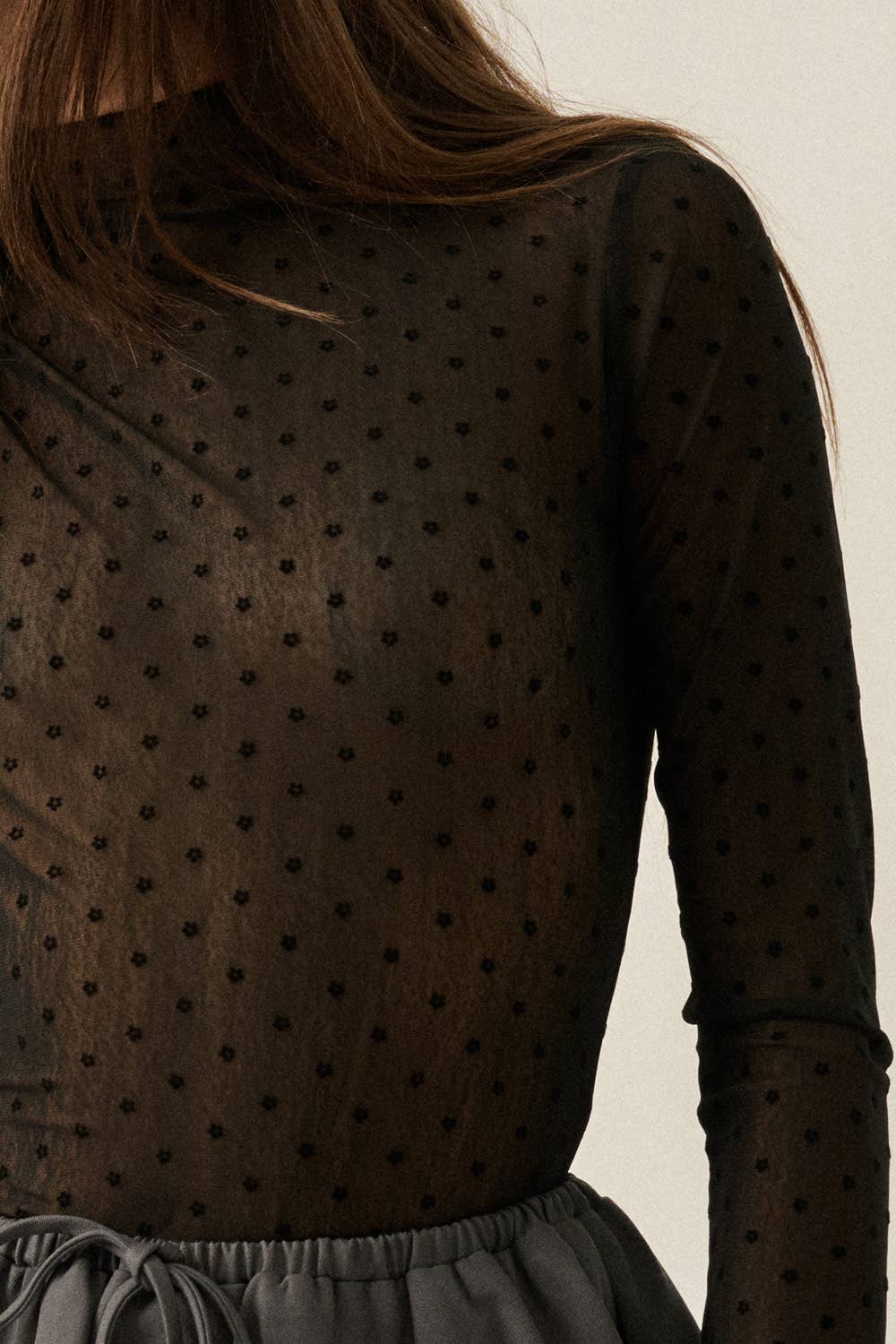 Sheer Mesh Top with Floral Polkadots, Mock-Neck, & Long-Sleeve Thumbhole Top