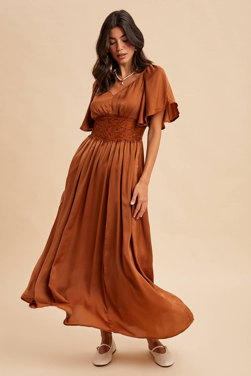 Washed Red Satin Lace Maxi Dress