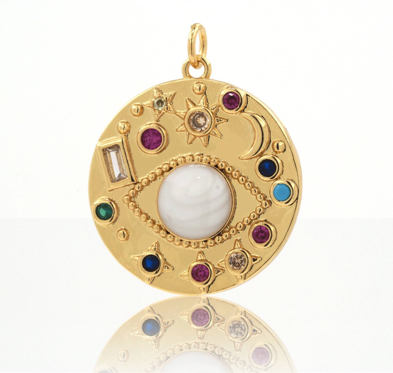 Celestial Gypsy Coin Necklace with Third Eye Amulet Charm and Stones - Stacking hypoallergenic steel necklace