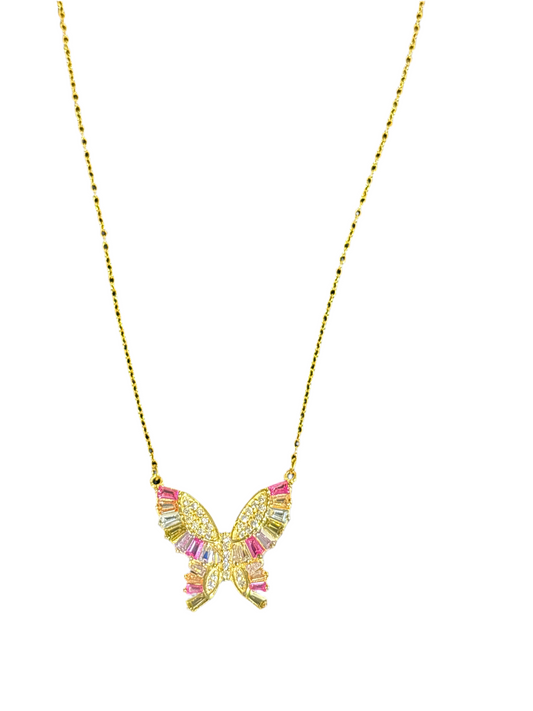 Colorful Butterfly Charm Necklace with Baguette Crystals