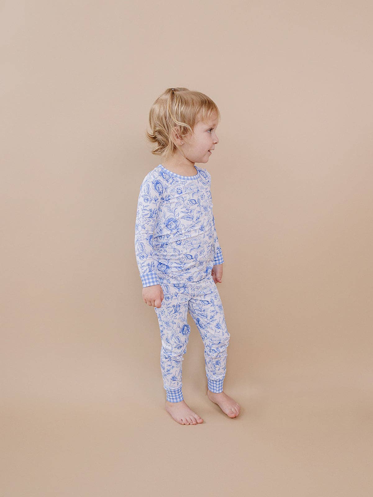 Kids Bamboo Two Piece Pajama and Loungewear Set - Gingham with Blue Flowers