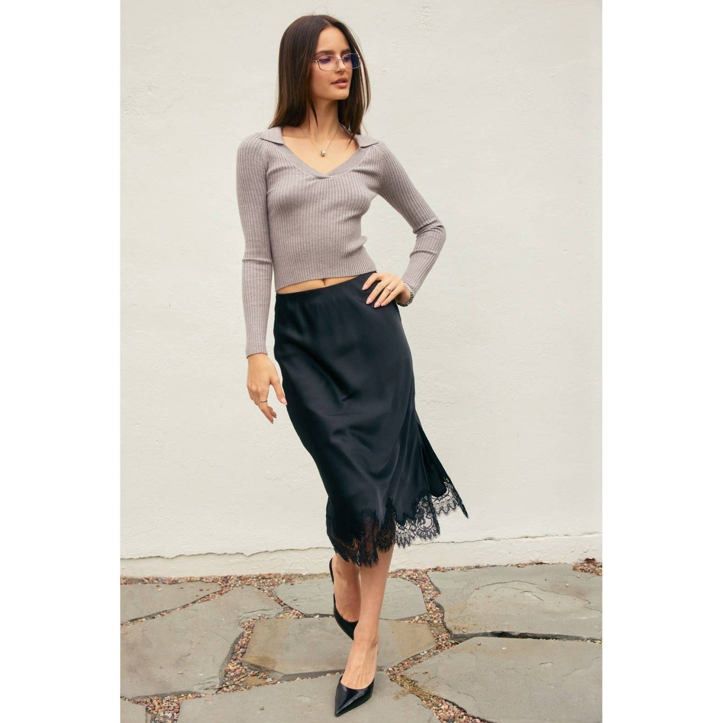 Powder Blue Lined Satin Pencil Skirt with Lace Hem