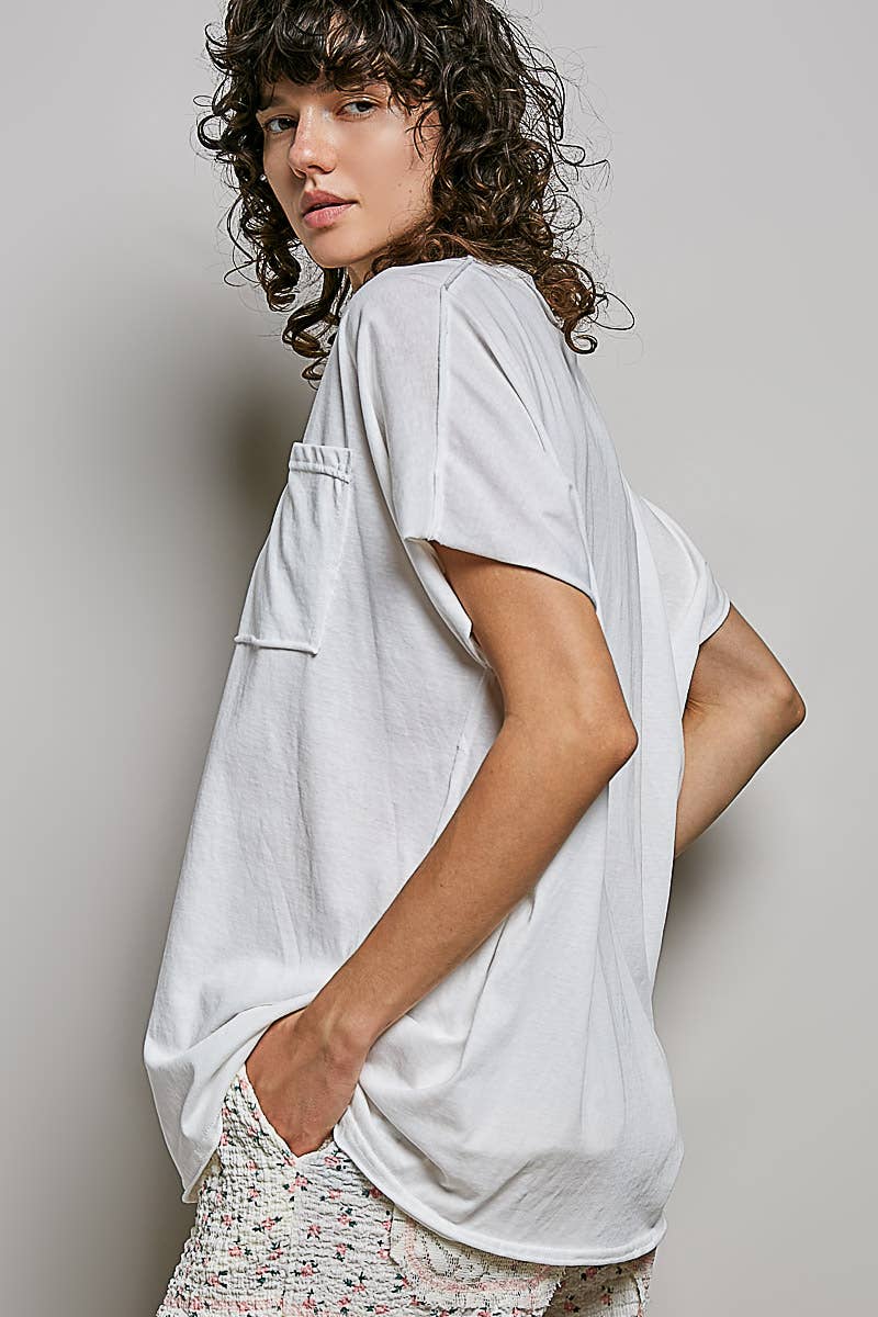 Boho Hand Dip Dye V-Neck T-shirt with Short Sleeves and Front Pocket