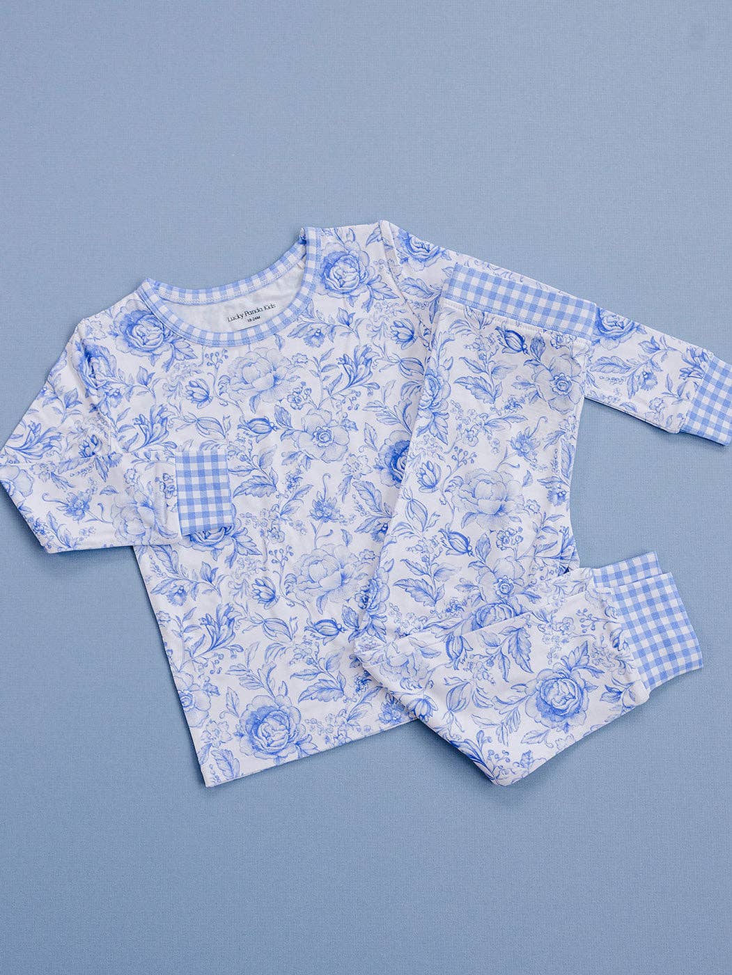 Kids Bamboo Two Piece Pajama and Loungewear Set - Gingham with Blue Flowers