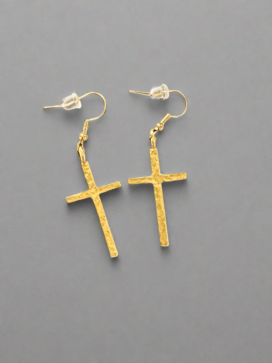 Hammered Brass Cross Earrings