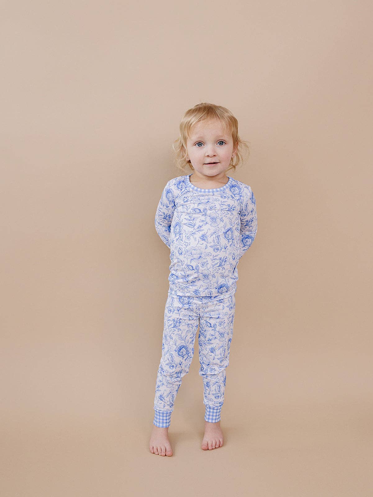 Kids Bamboo Two Piece Pajama and Loungewear Set - Gingham with Blue Flowers