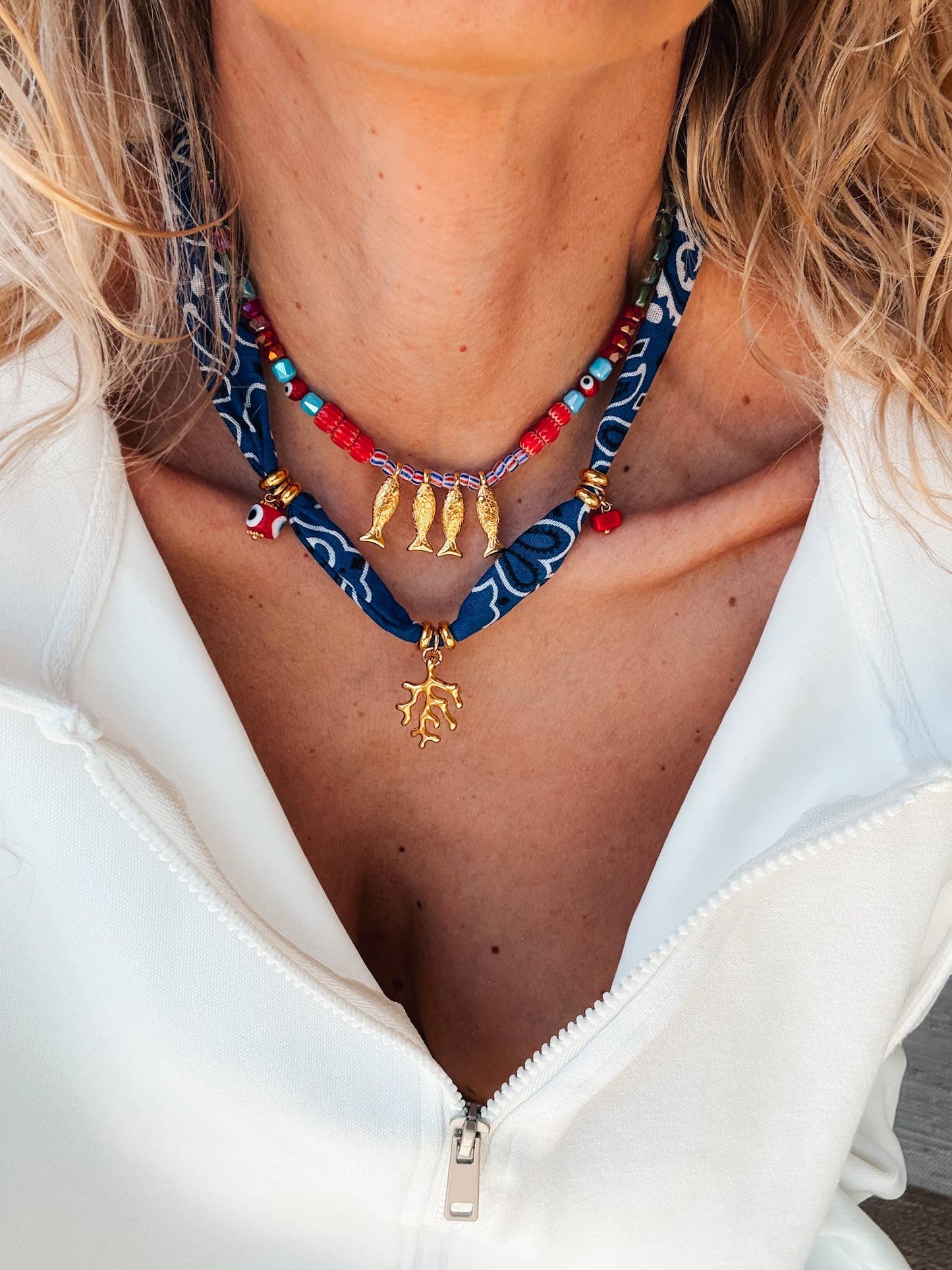 Bohemian Blue Bandana Charm Necklace with & Colorful Beaded Fish