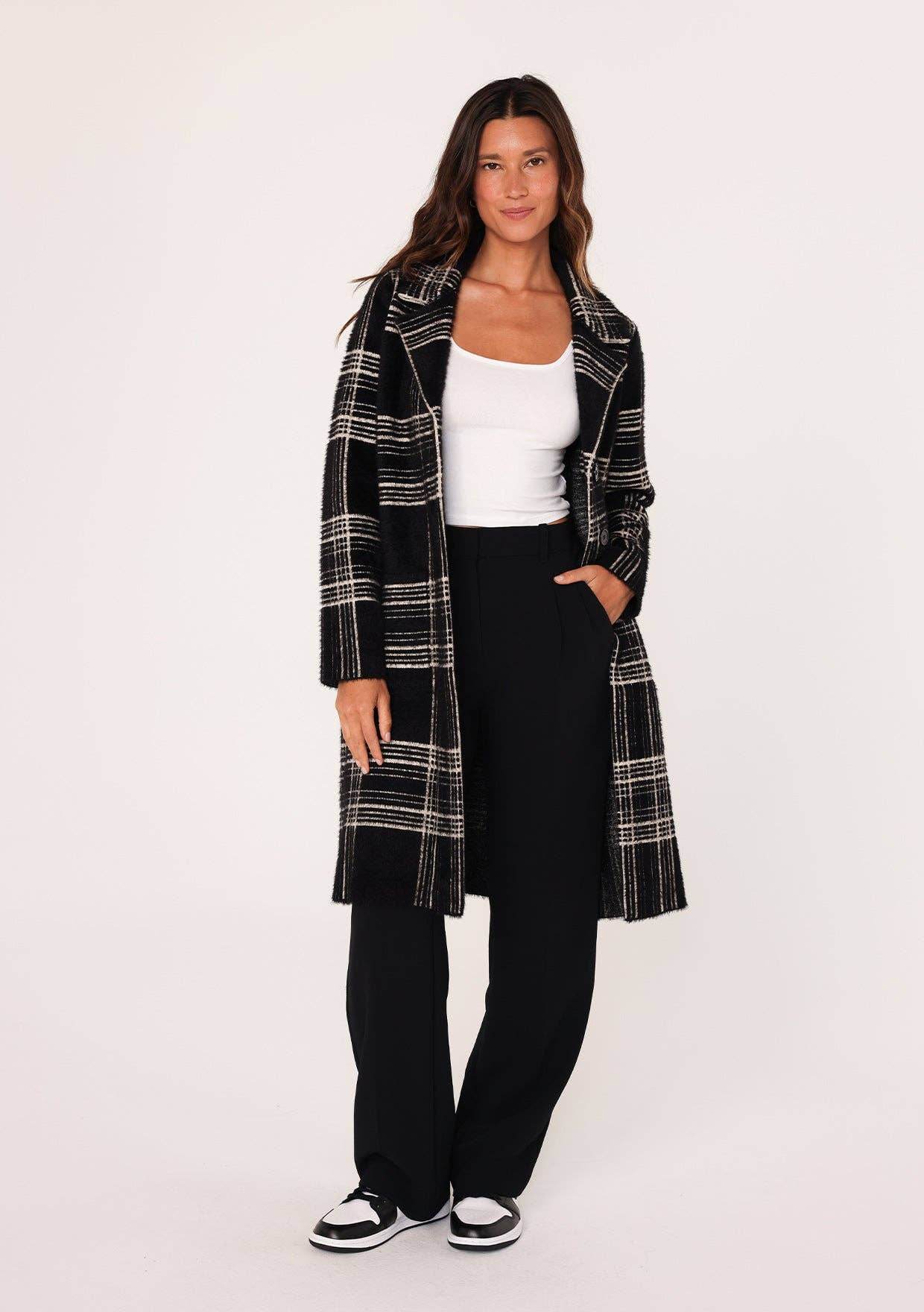 Long Fuzzy Plaid Collared Coatigan - SAUVAGE ZSA™