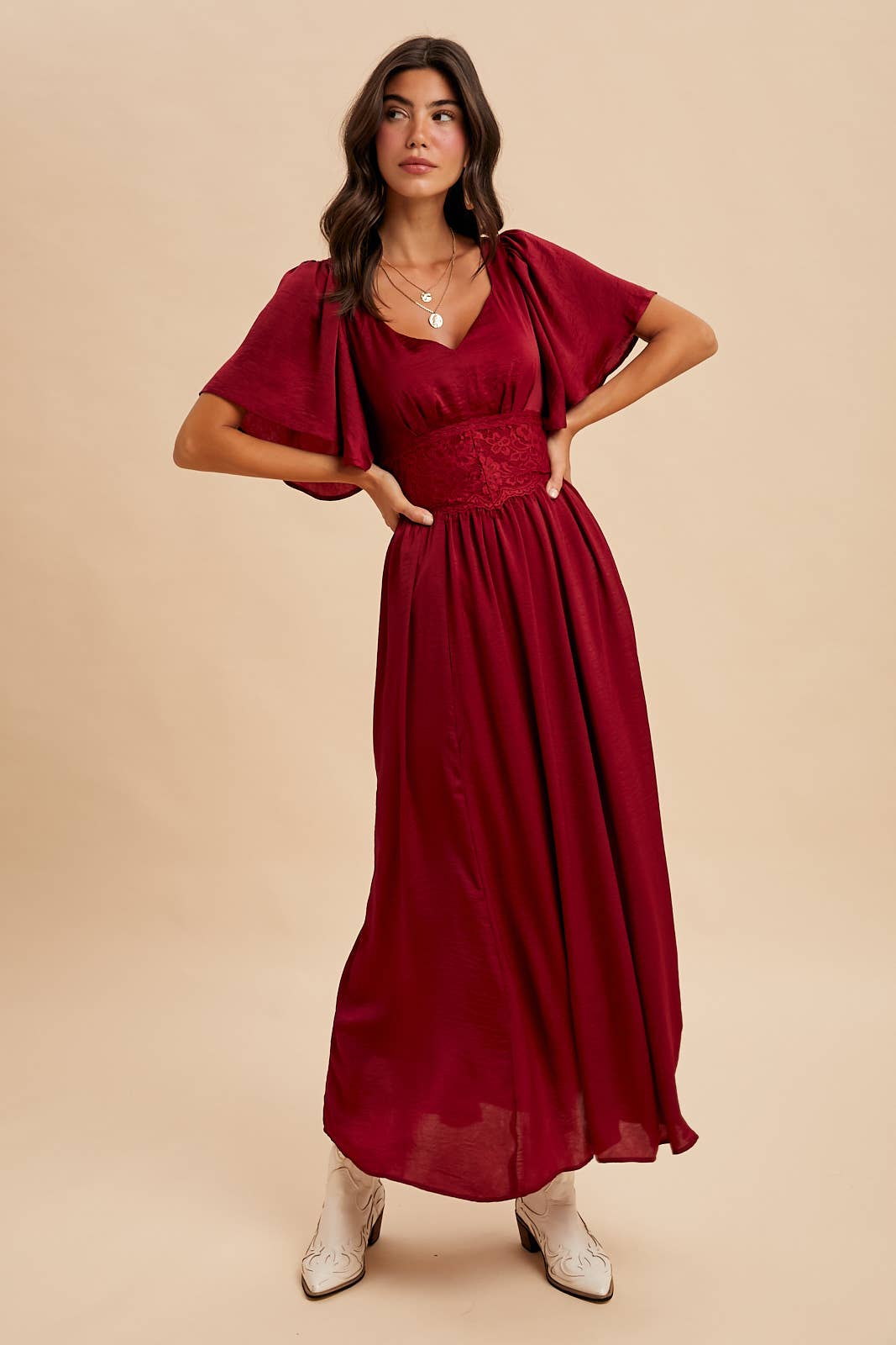 Washed Red Satin Lace Maxi Dress
