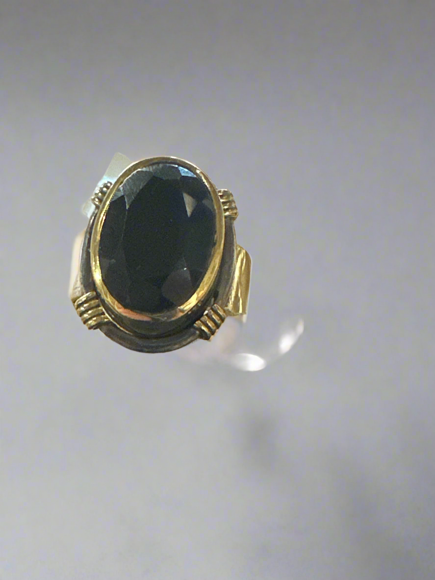 Polished Black Onyx Sterling Silver & Brass Ring Size 7