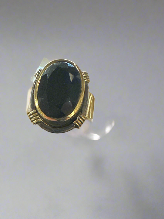 Polished Black Onyx Sterling Silver & Brass Ring Size 7