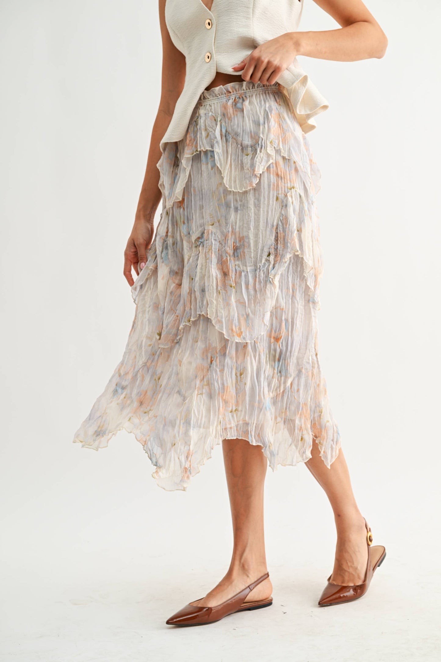Layered Midi Skirt with Pastel Floral Print
