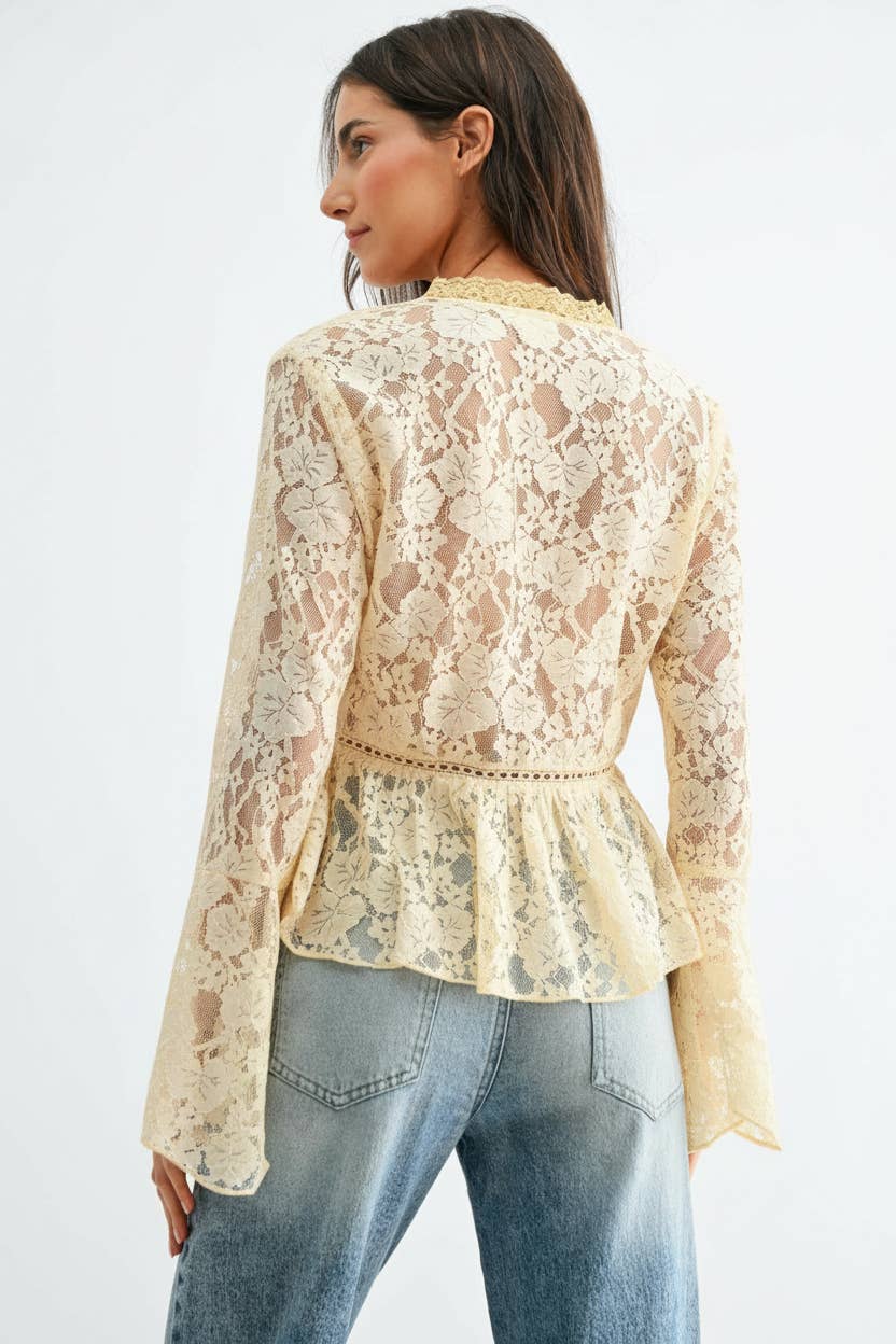 Romantic Lace Button-Down Blouse with Flared Bell Sleeves