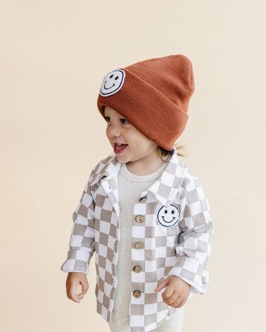 Kids Clothing Cotton Fall Shacket with Smiley Checkered Pattern