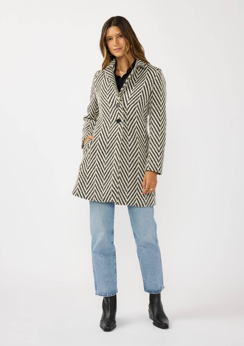Chevron Notched Lapel Pea Coat