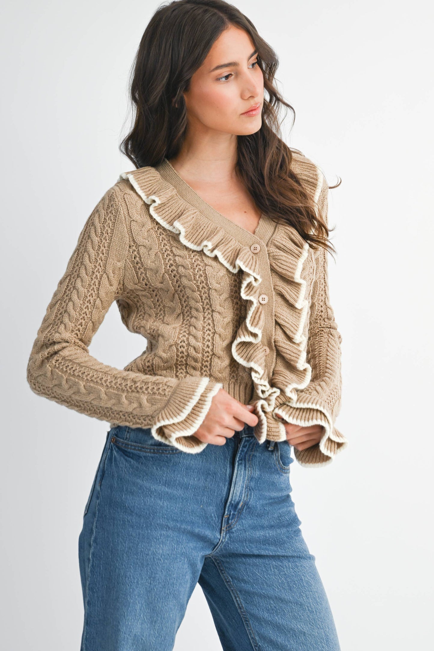Cool Blue Ruffled Cable Knit Cardigan