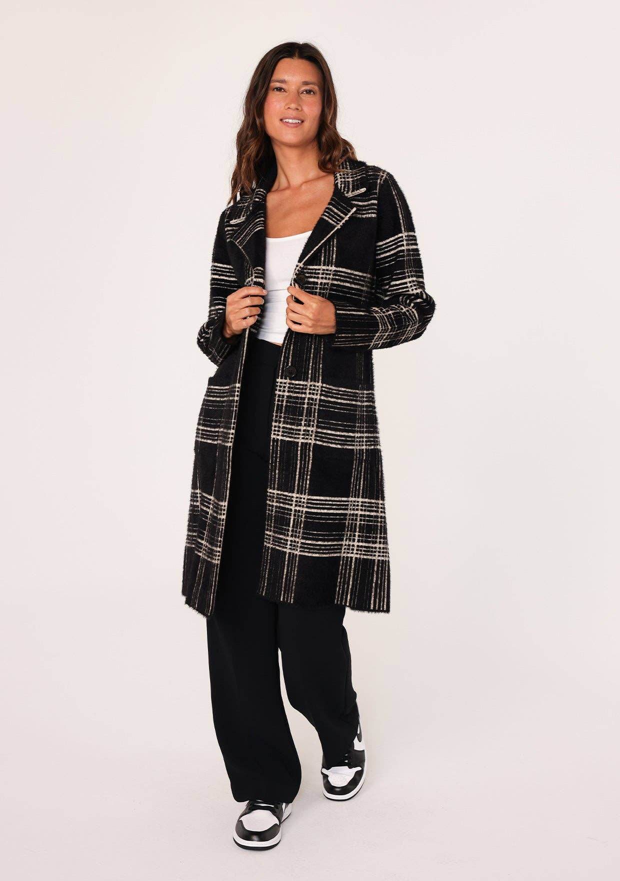 Long Fuzzy Plaid Collared Coatigan - SAUVAGE ZSA™
