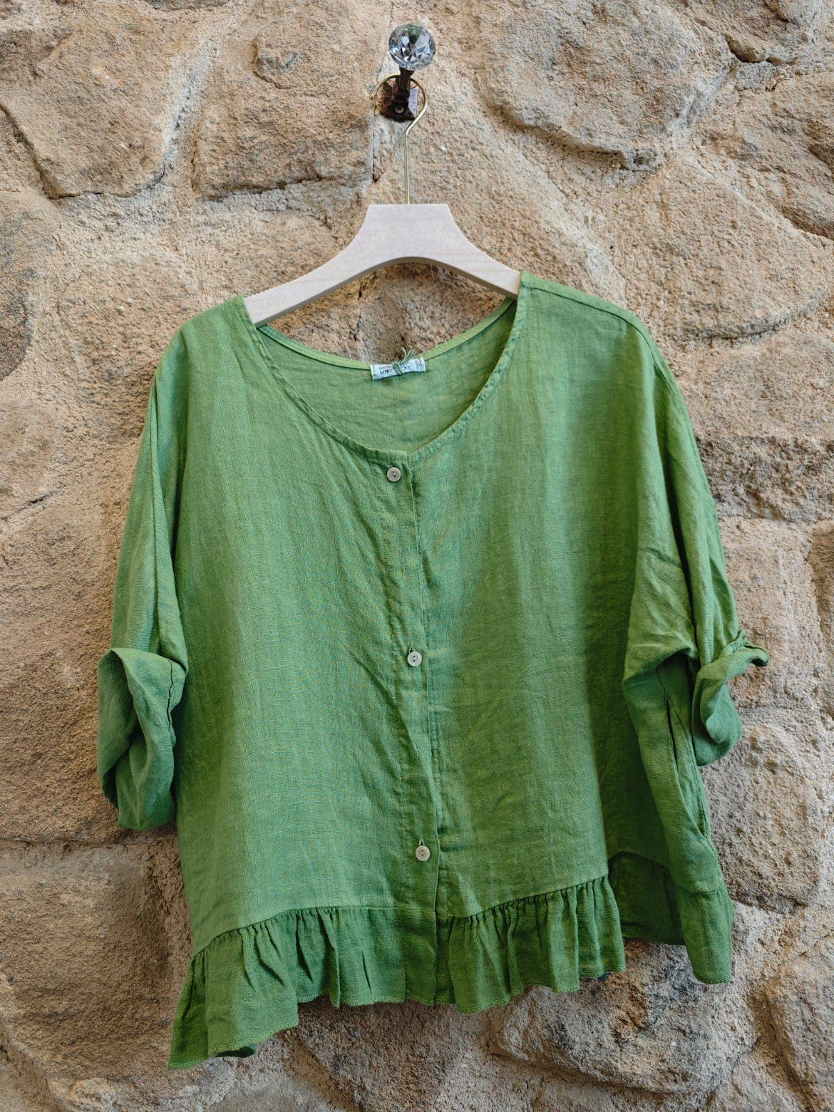 Ruffle 3/4 Sleeve Italian Linen Blouse