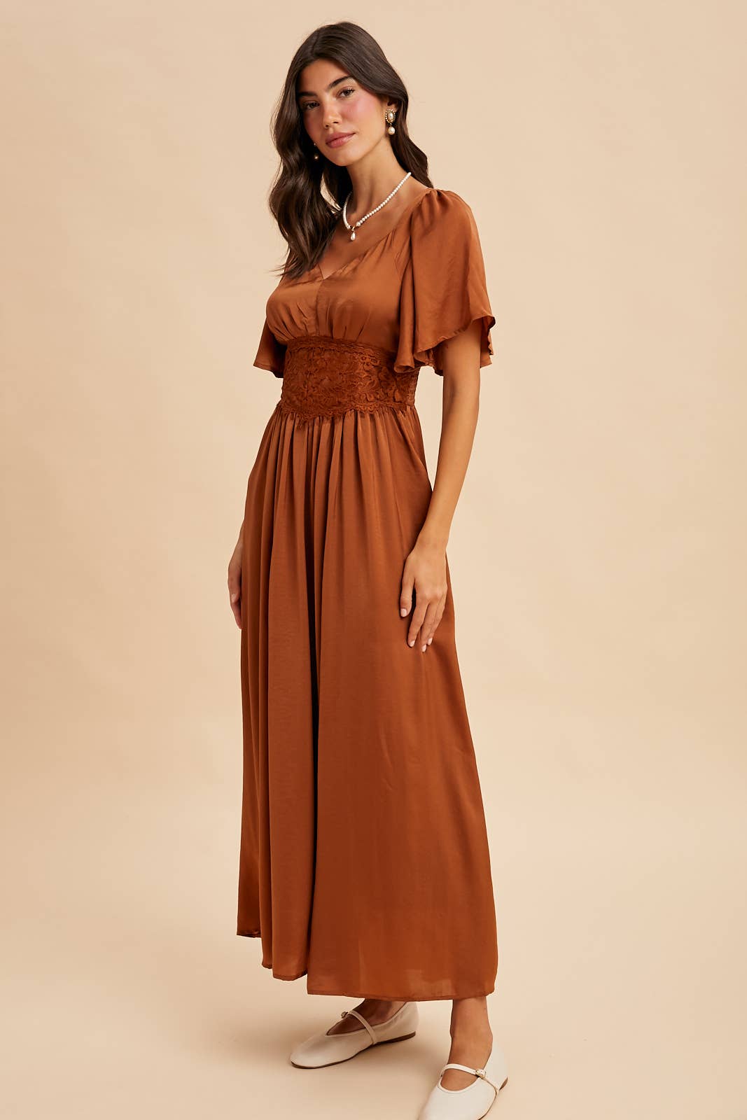 Washed Red Satin Lace Maxi Dress