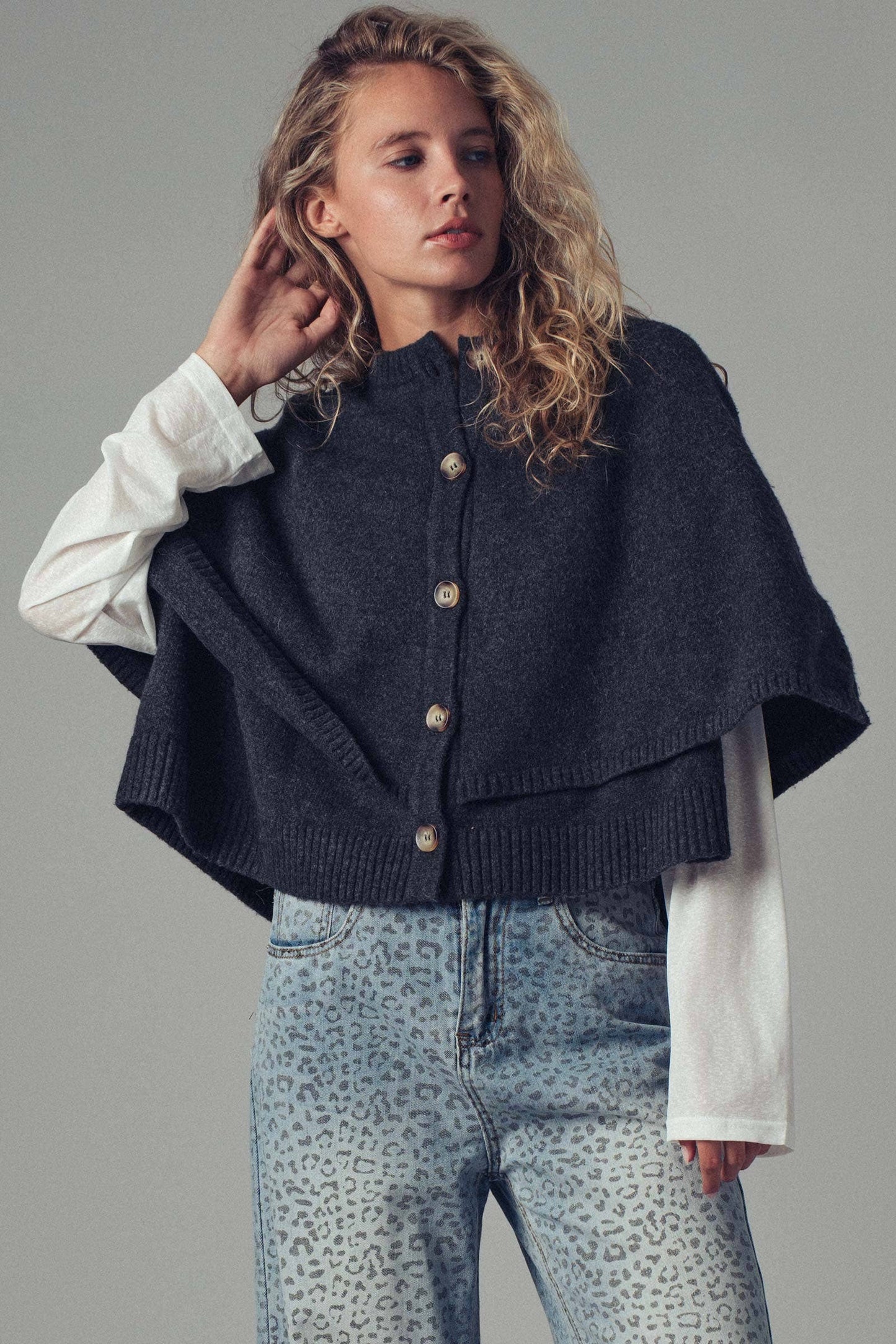 Wool Blend Button-Front Sweater Cape