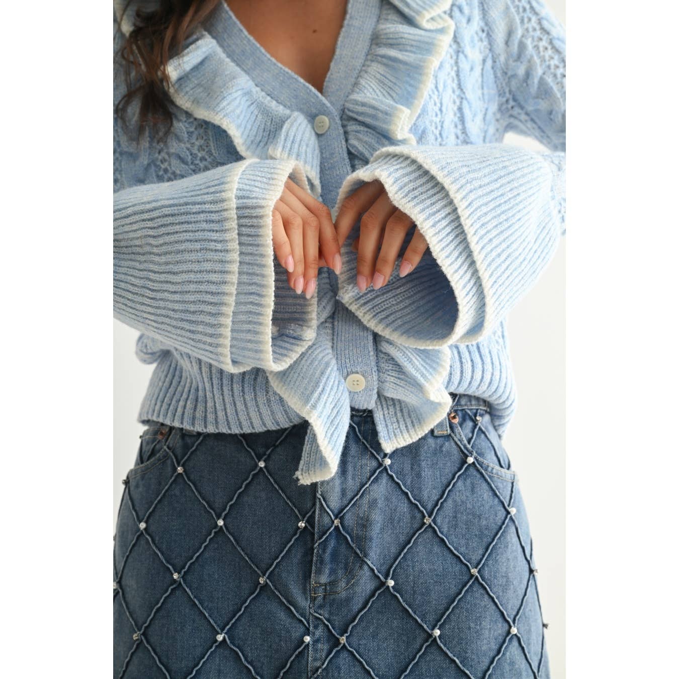 Cool Blue Ruffled Cable Knit Cardigan