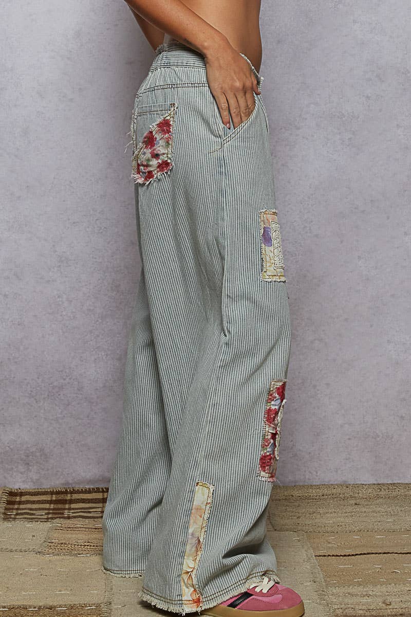 Boho Vintage Wash Striped Denim Pants
