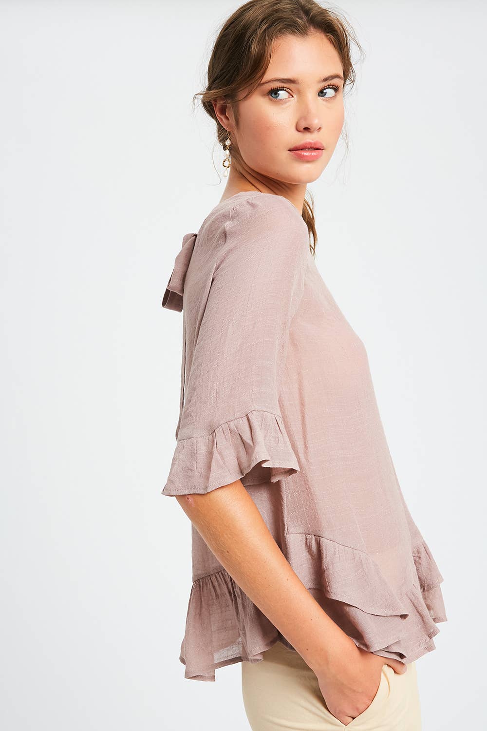 3/4 Sleeve Ruffle Hem Feminine Blouse