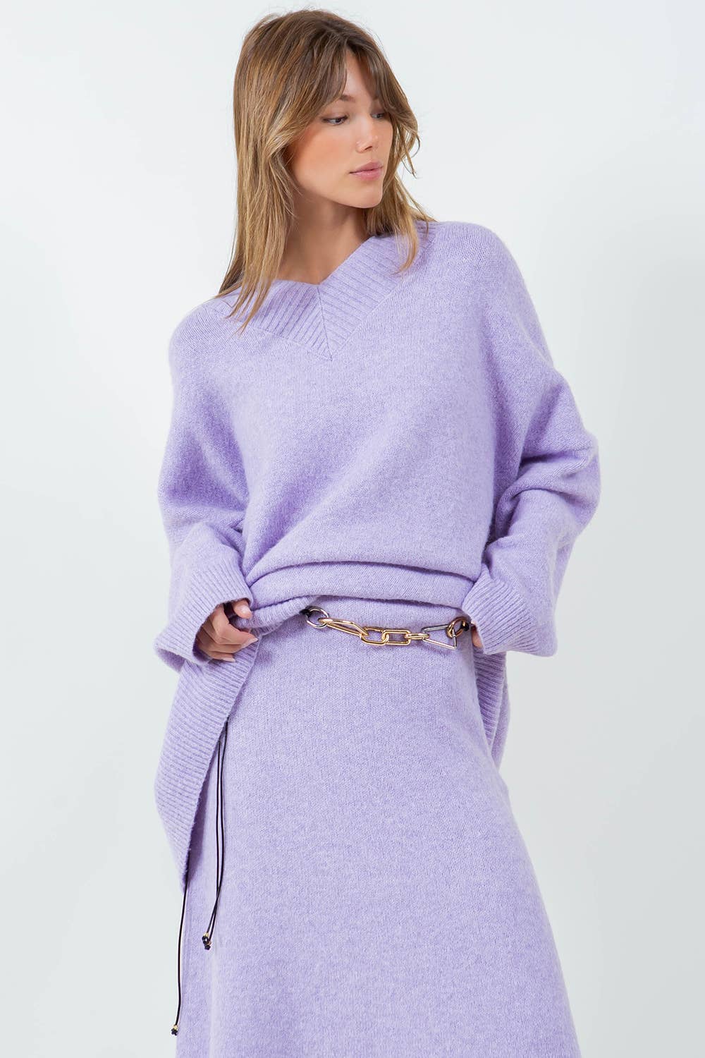 Oversized V-Neck Fuzzy Knitted Sweater