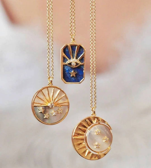 14K Steel and Abalone Shell Medallion Necklace with Moon, Sun, and Stars